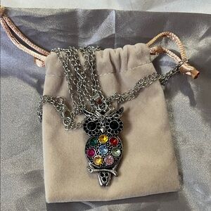 Multicolor Crystal Owl Pendant Necklace - Silver Tone